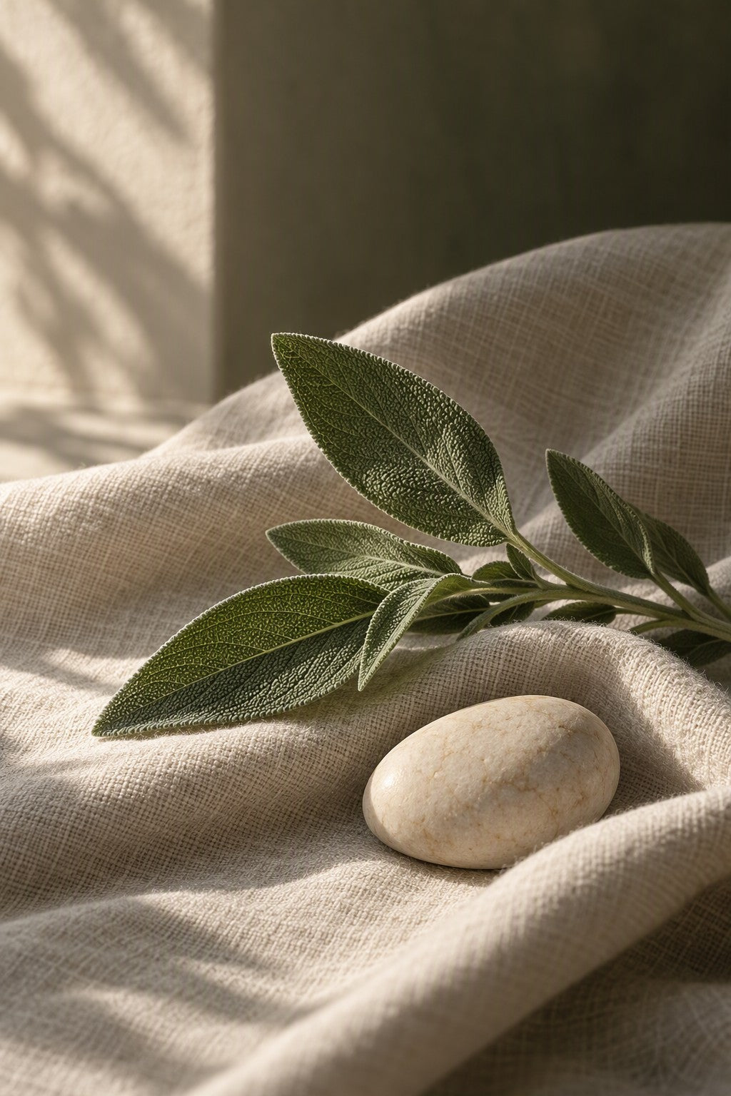 Sage leaves and a smooth stone resting on natural linen