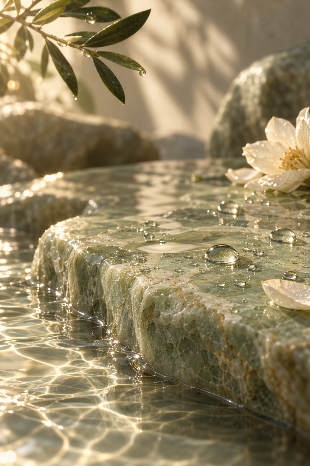Water droplets on green stone with jasmine blossom