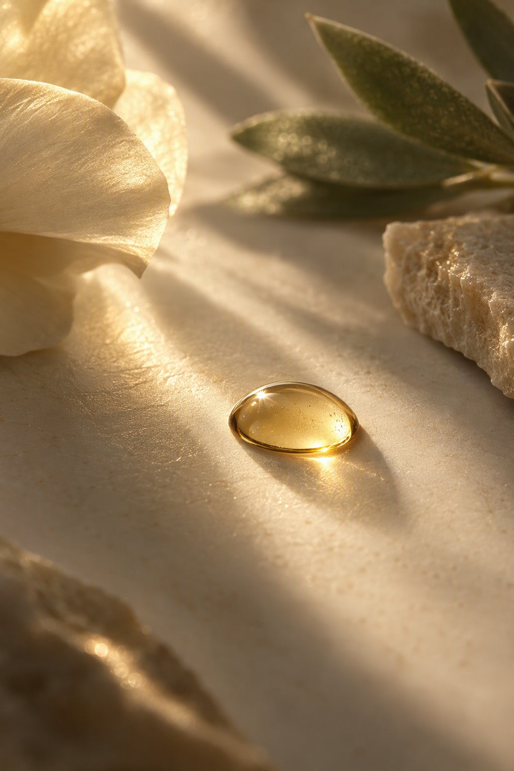 Golden serum droplet on stone with white petals